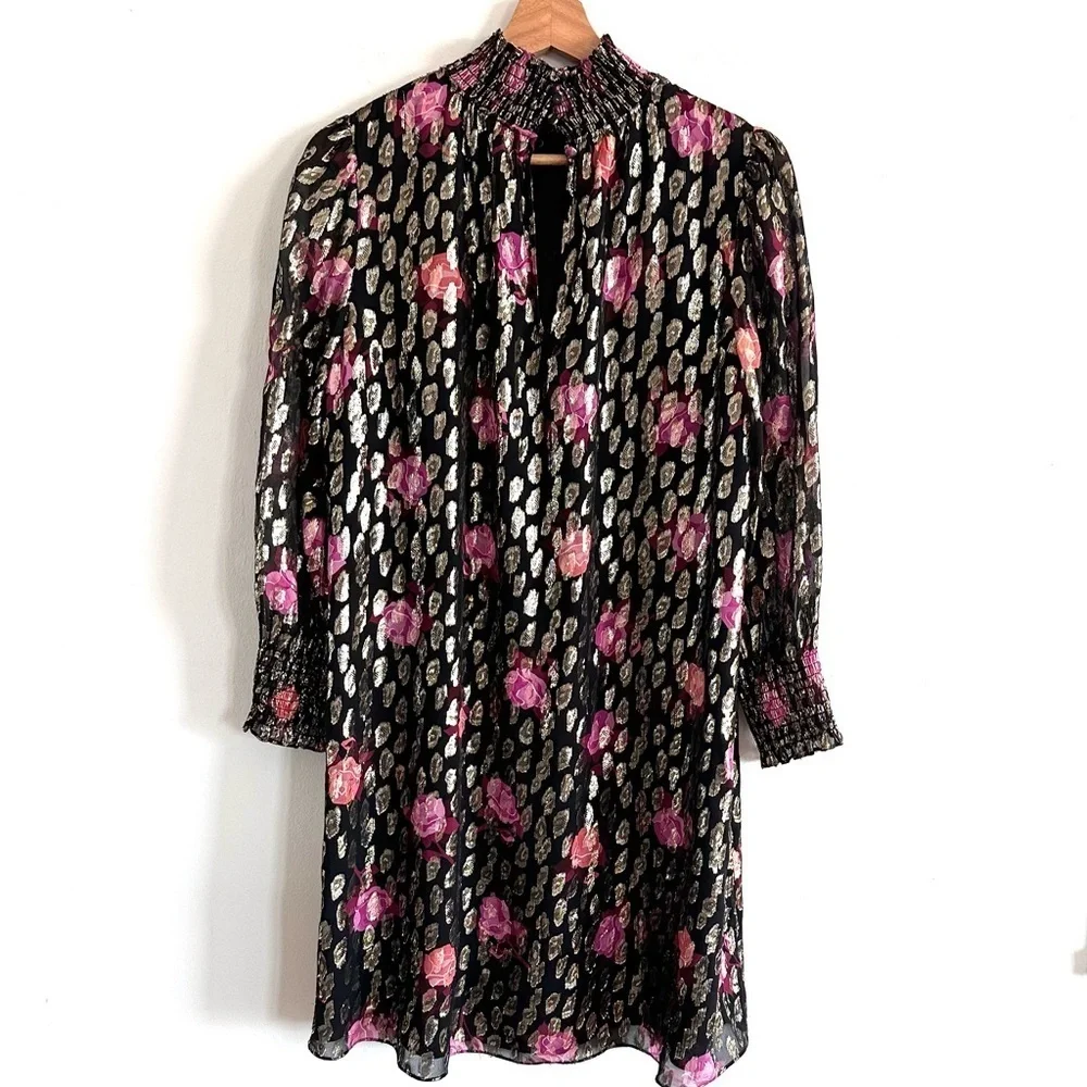 Kate Spade Rose Garden Clip metallic Floral Black long sleeve shimmer Dress
